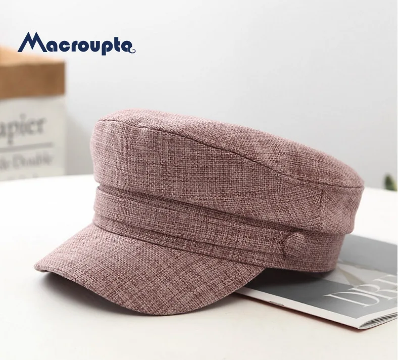Women Military Hat Flat Cap Spring Autumn Linen Octagonal Solid Color