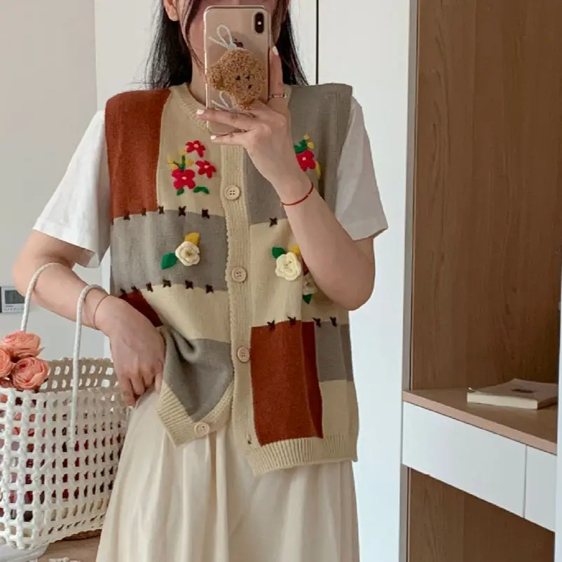 

Mori Girl Japan Style Handmade Vest Single Breasted Women's Knitted Cardigan KYQIAO Flowers Appliques Waistcoat Vest Lolita Tops