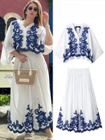 Women's 2-piece Set Of Blue Embroidered Single-breasted Loose Shirt + Chic High-waisted Loose Pleated Street Skirt Suit 1