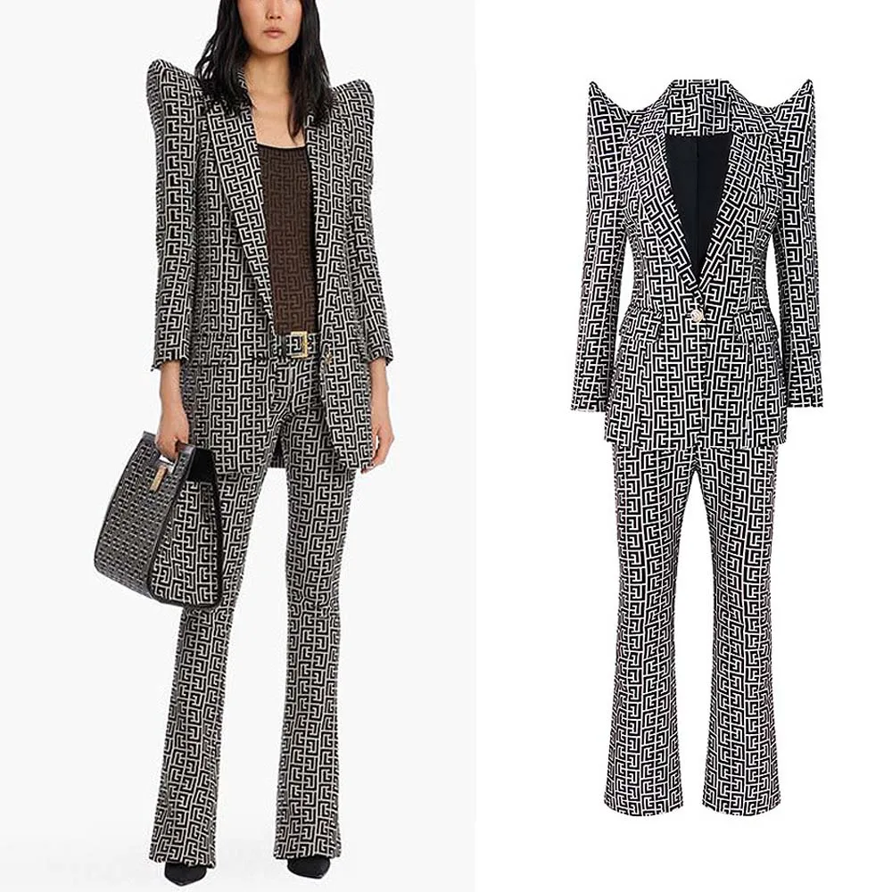 

2022 Spring And Autumn New Fashion Temperament High End Closing Waist Slim Jacquard Fabric Suit Top And Pants Women's Set