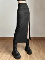 Jupe noire Sexy fendue, Simple, décontractée, assortie avec tout, pour sortie de rue, Cool, Mature, vitalité, personnalité, tendance, jupe basique pour femmes 6