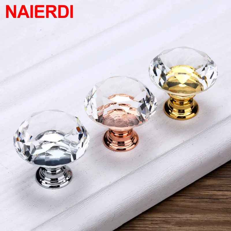 Furniture handles Kitchen door handles NAIERDI Gold Base Diamond Shape Design Crystal Glass Knobs Cupboard Pulls Drawer Knobs Kitchen Cabinet Handles Furniture Handle
