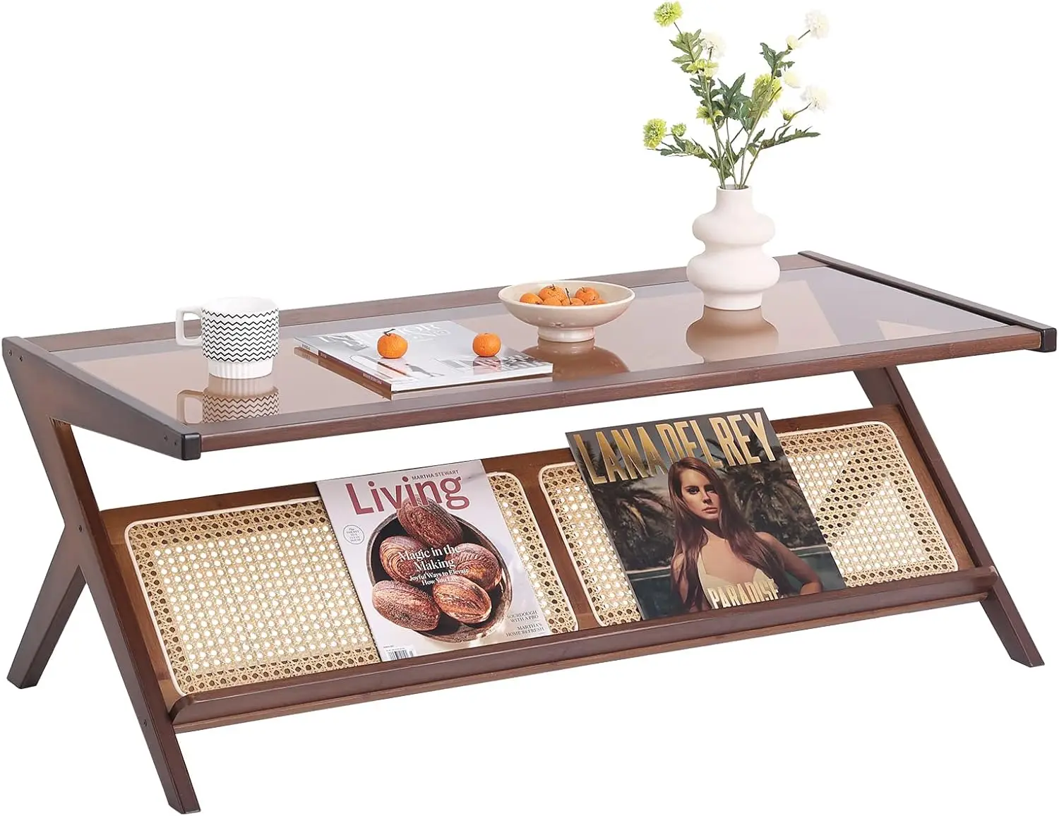 Coffee Table, Glass Nightstand Side Table, Boho Wooden End Table with Storage for Living Room,Dining Room, Tea 6