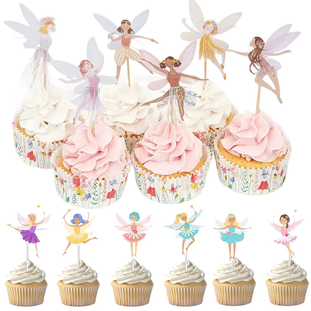 8/10/12pcs Butterfly Fairy Cake Decoration Cartoon Elf Princess Cupcake Topper Girls Favor Birthday Party Wedding Baking Decor