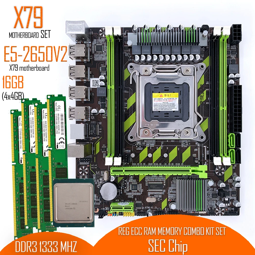 

TFDP X79 motherboard with XEON E5 2650 V2 4*4G DDR3 1333 REG ECC RAM memory combo kit set NVME SATA Server