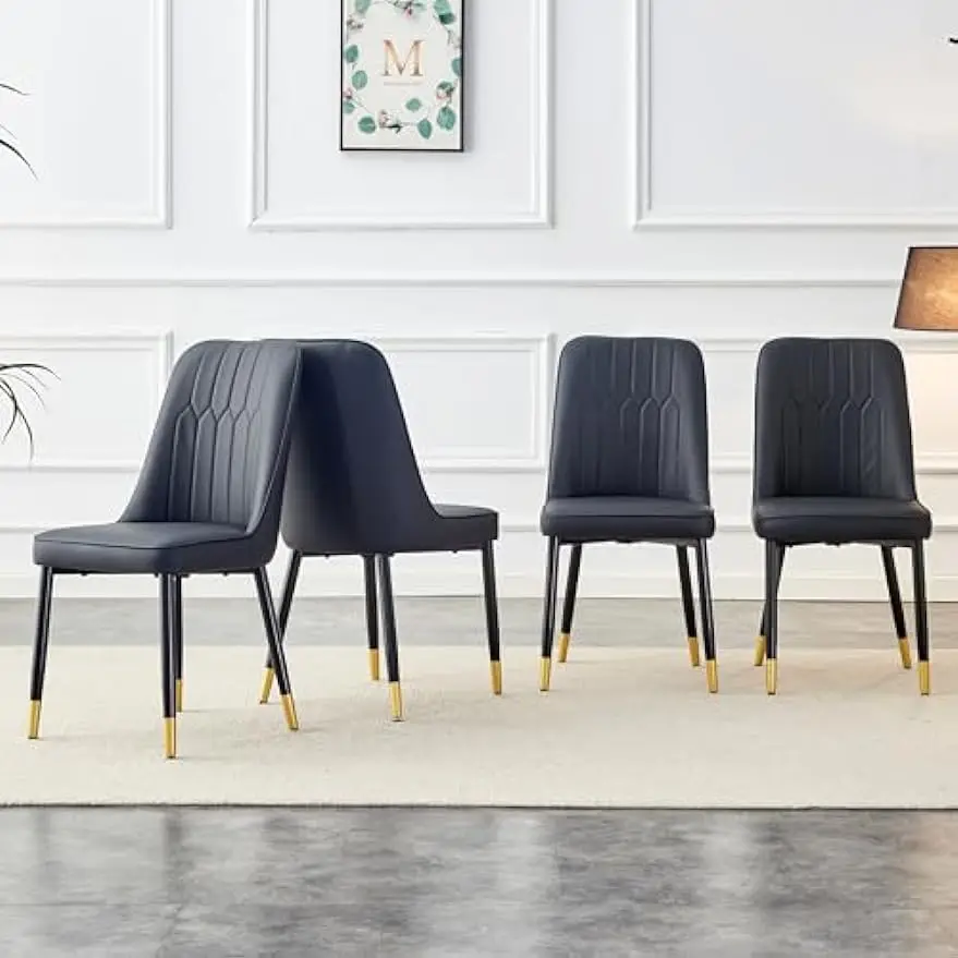 

Набор современных обеденных стульев из 4 предметов, стулья из искусственной кожи для столовой, черный кухонный стул с обивкой и черными золотистыми металлическими ножками