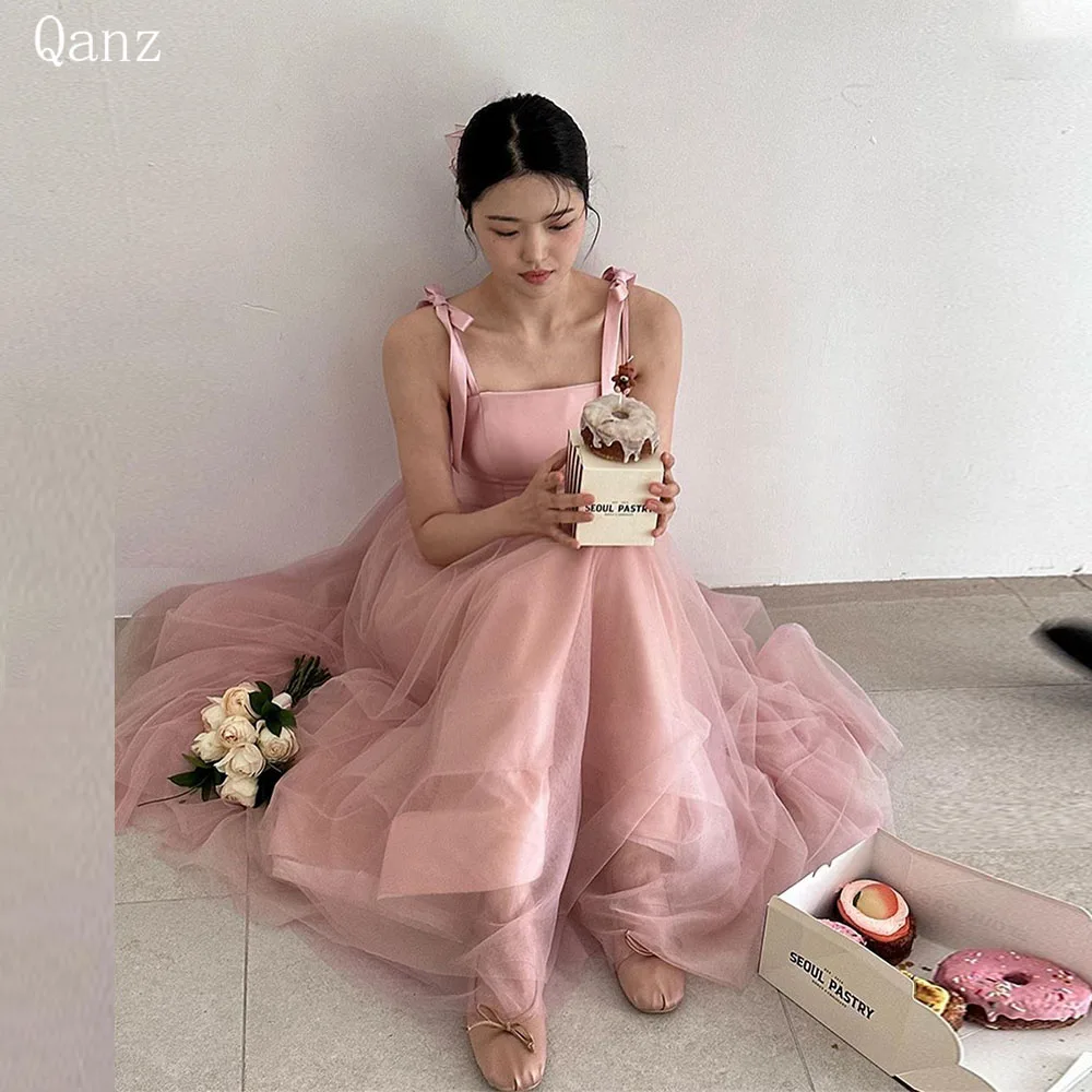 

Qanz Elegant Pink Evening Dresses Tulle A-Line Korean Formal Prom Dresses Princess Spaghetti Straps Wedding Party Dresses 2024