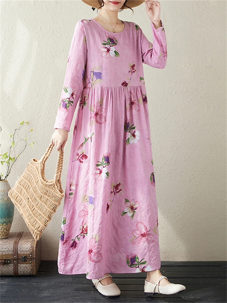 2024 New Spring Summer Cotton Vintage Long Sleeve Print Dresses For Women Casual Loose Dress Femme Robe Vestidos Fashion Clothes