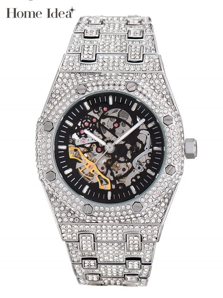 

New Designer Mens Hollow Out Mechanical Wristwatches Shiny Diamonds Hip Hop Watches Business Casual Watch