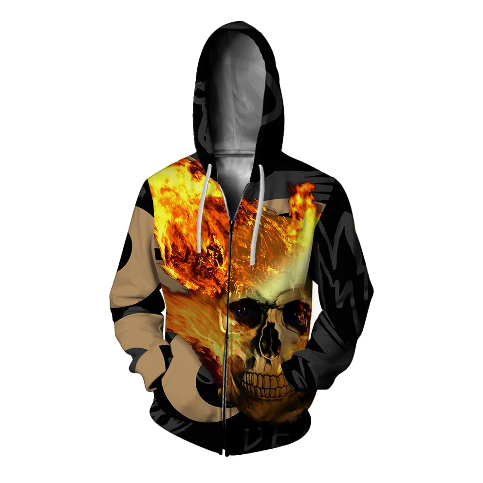thumbnail image 1 of Sudadera con capucha cómoda y con estampado de calavera personalizada para hombre, con cremallera, de gran tamaño, moderna y versátil, 1 of 4
