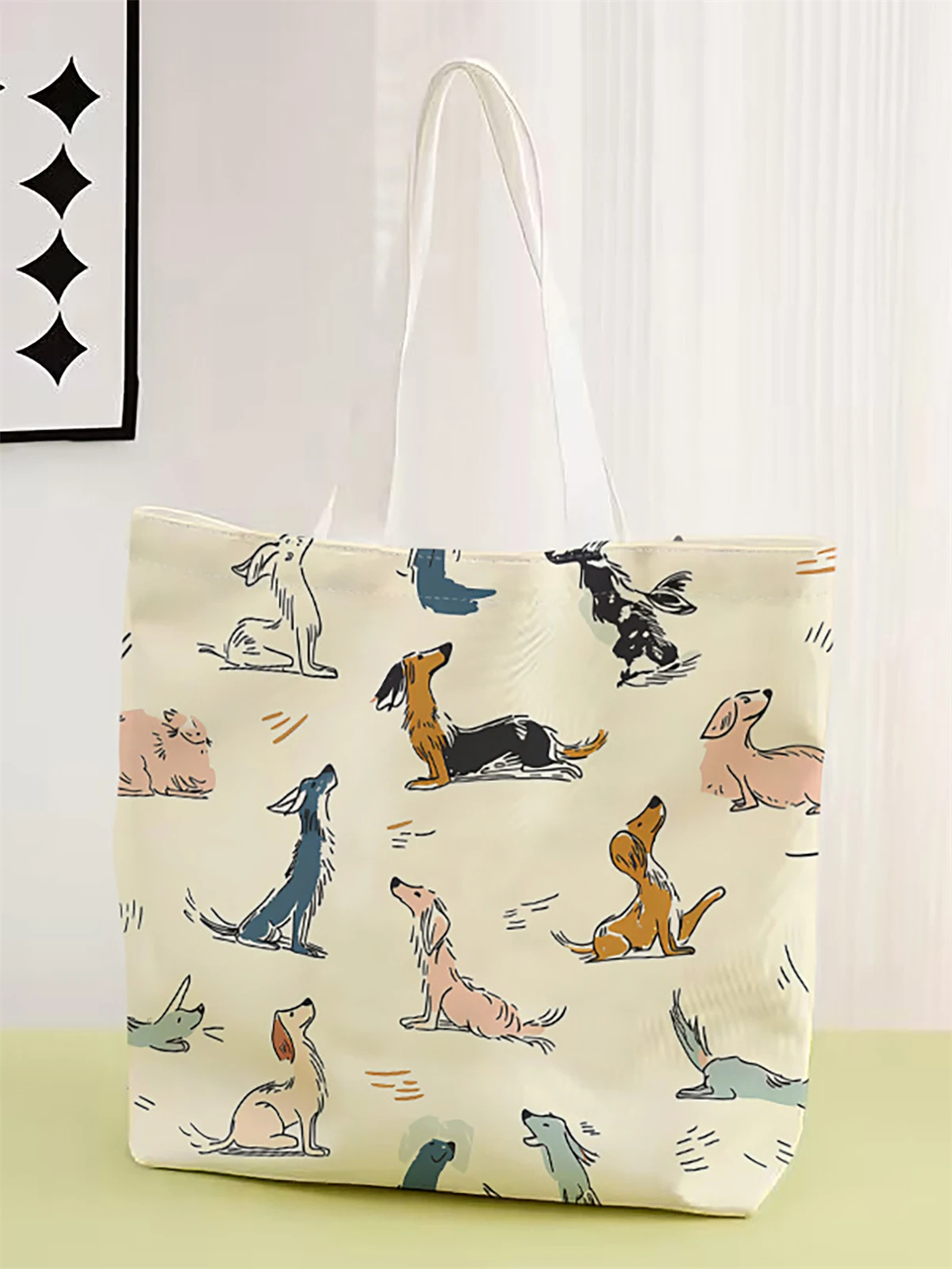 1 piece, cartoon dog pattern handbag, reusable fashionable handbag, multifunctional handbag, printed canvas shopping bag