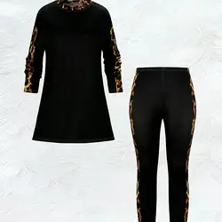 Elegant Black & Gold Leopard Print Long Sleeve Two - Piece Set with Side Slit - XXL (Black)