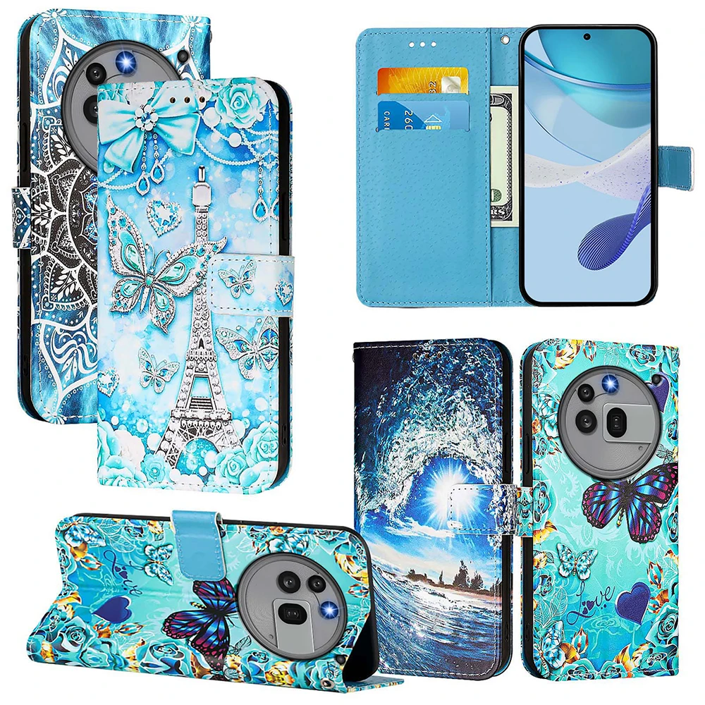Cute Painted Leather Flip Case - Wallet Stand Cover with Card Holder and Strap