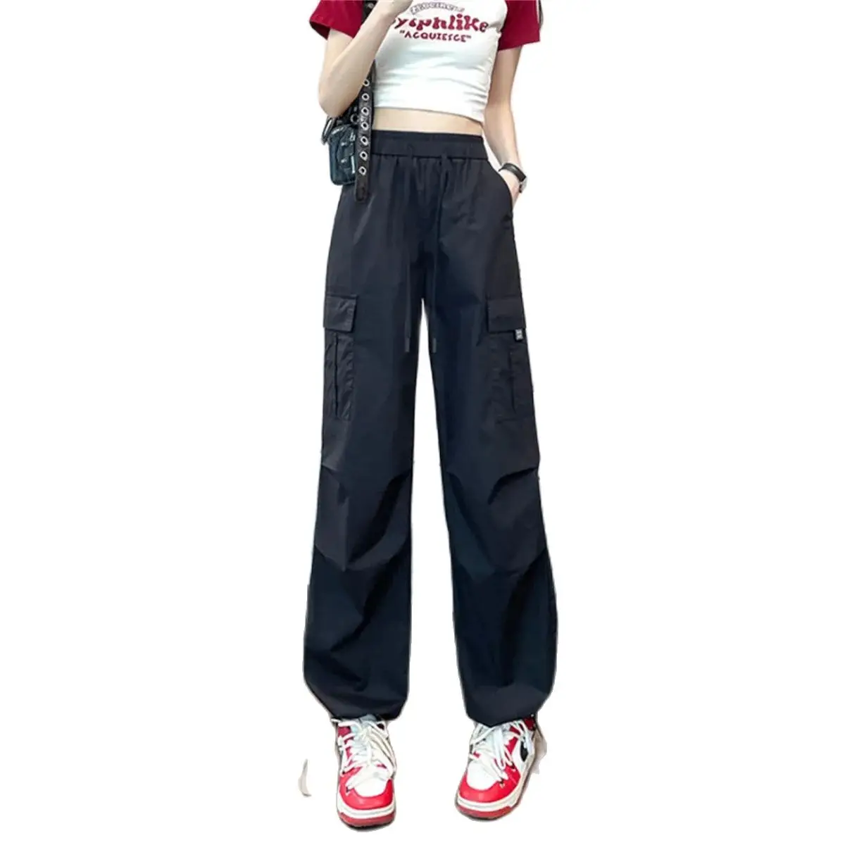 Green Women Tech Pants Drawstring Black Low Waist Wide Leg Trousers Oversized Sweatpant Baggy Joggers Streetwear Cargo Pant 6
