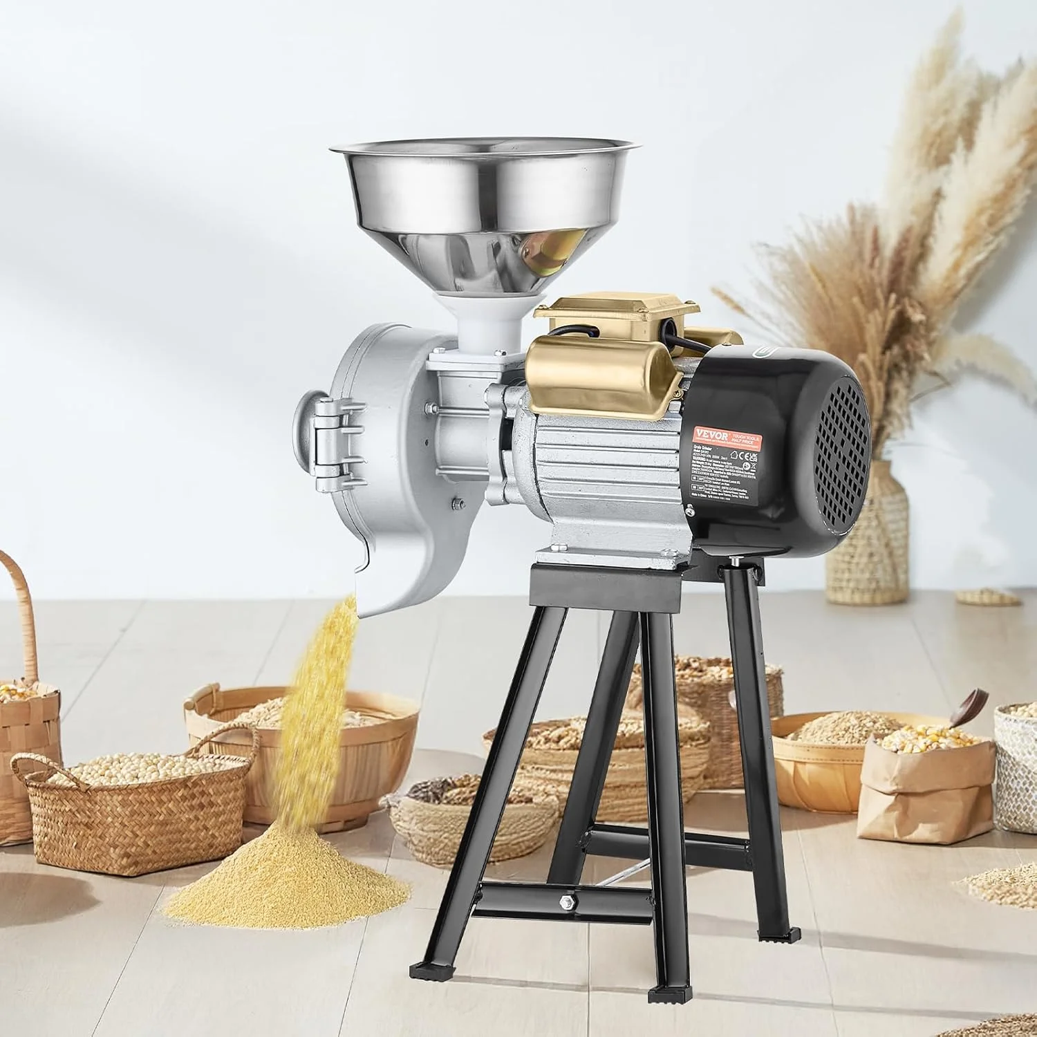 Electric Grain Mill Grinder, 3000W Spice Grinders, Commercial Corn Mill with Funnel, Thickness Adjustable Powder Machine