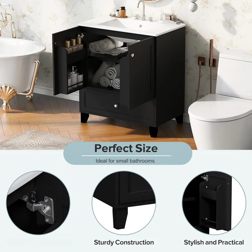 30inch Bathroom Vanity with Sink,Solid Wood Single Bathroom Cabinet,with Storage Doors and Drawer,Ceramic Sink,Easy Assmebly 6