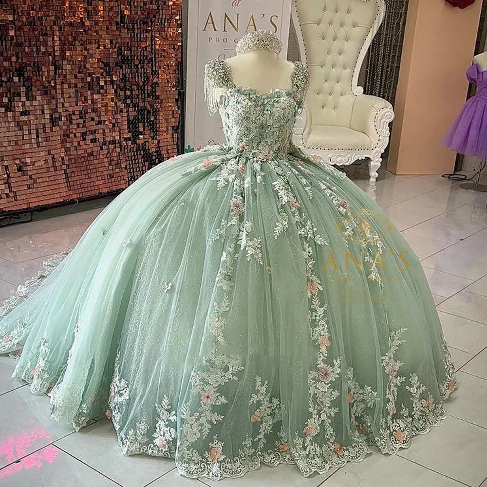 

Mint Green Beading Tassel Quinceanera Dress princess Off The Shoulder 3D Flowers Appliques lace-up Corset prom Sweet 15 Vestidos