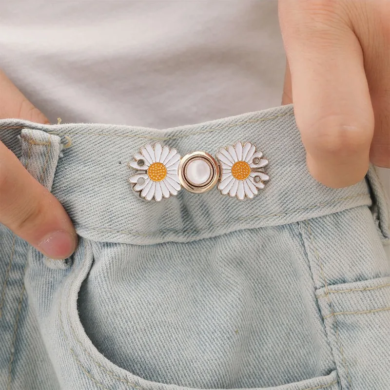 Reusable Metal Flower Buttons Pearl Snap Fastener Pants Pin Retractable Sewing-on Buckles for Jeans Fit Reduce Waist Accessories