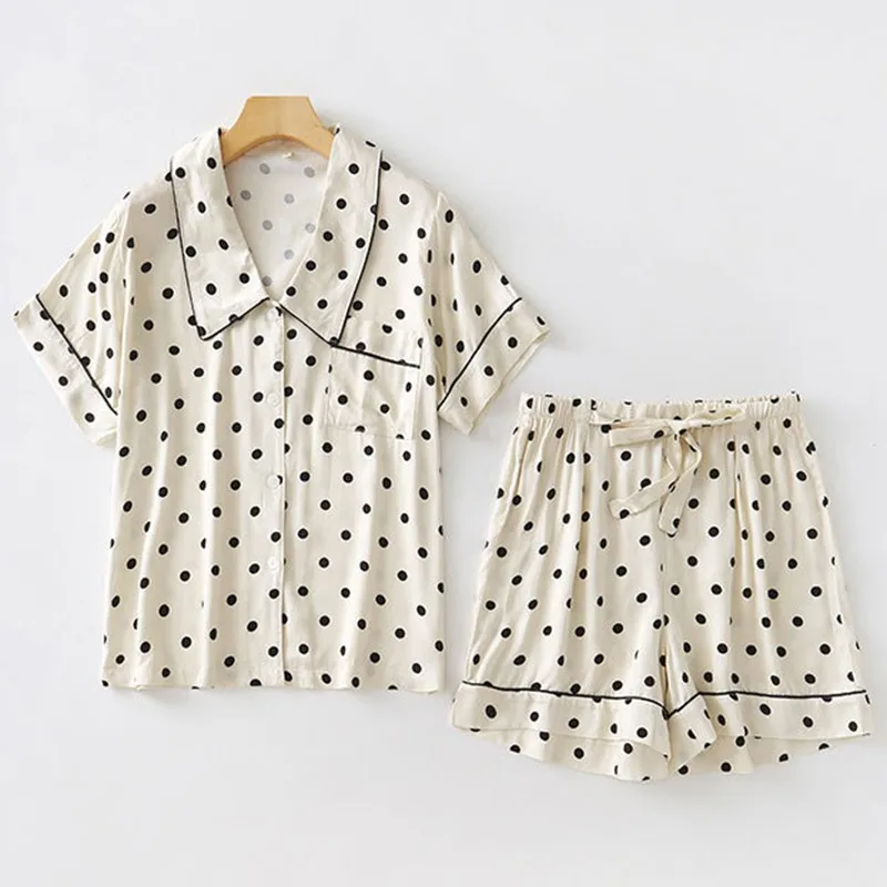 

Summer New Polka Dot 2PCS Sleepwear Women's Short Sleeve Shorts Pajamas Suit Loose Nightwear Fashion Lounge Home Pyjamas Wear