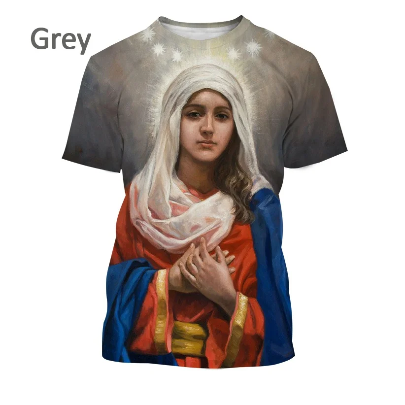 

2022 Fashion Virgin Mary 3D Printing T-shirt Personality Loving God Loves the World Short-sleeved Couple Shirt Unisex Religious