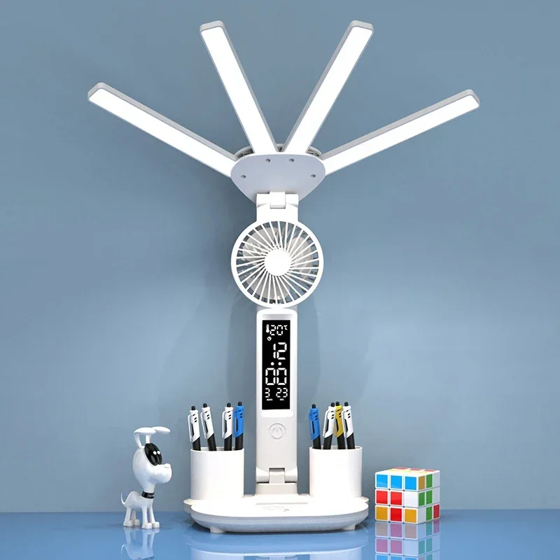 Multifunction 3 Color LED Table Lamp Four Headed Folding With Fan Clock Desk Lamp USB Charging Reading Night Light