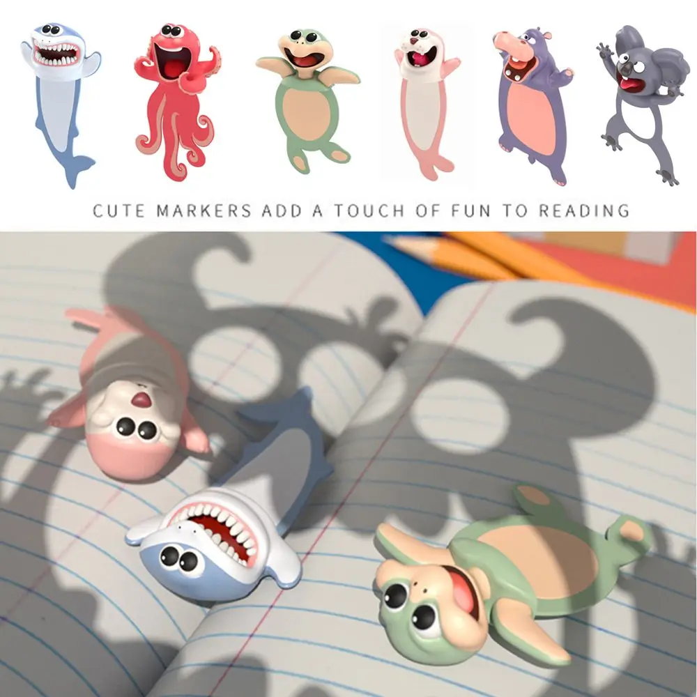 3D Cartoon Animal Bookmarks - Ocean Series with Seal, Octopus, Cat, Panda, and Shiba Inu