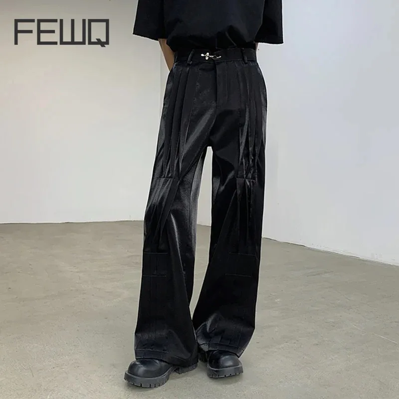 

FEWQ Niche Casual Men's Pants Pleated Metal Airplane Buckle Design Straight Leg Male Trousers 2024 Darkwear Casual 9C5072