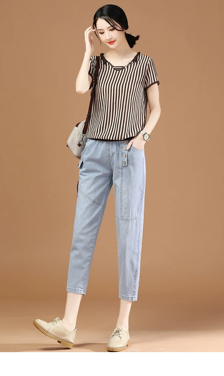 HCXR Women Jean 2023 Summer Mid Elastic Waist Light Blue Denim Pant Casual Unique Button Design Skinny All-match Trouser