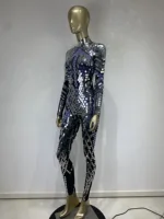 Women Black Geometric Sequins Long Sleeved Stretch Tight Jumpsuit Y2K Bar Nightclub DJ Female Singer Stage Performance Clothing - Image 3