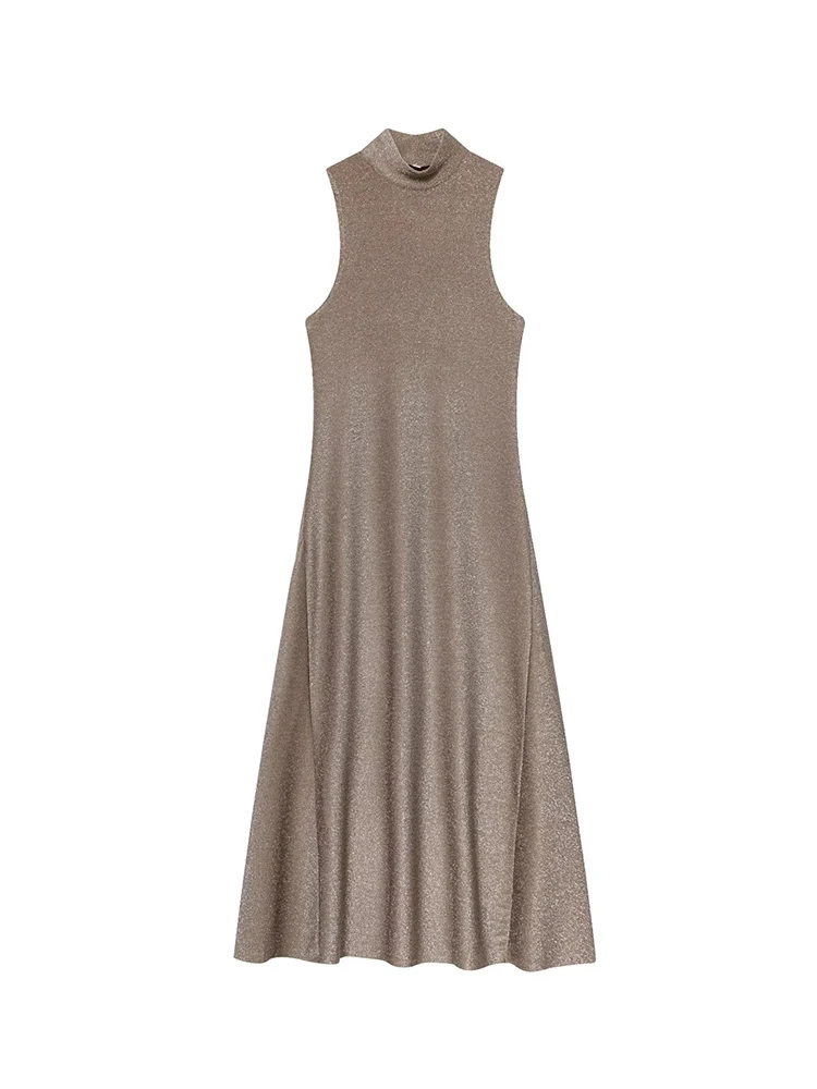 Summer New Women Bright Silk Sleeveless Midi Dress Elegant Light Luxury Party Dress Fashion Ladies Turtleneck Long Dress