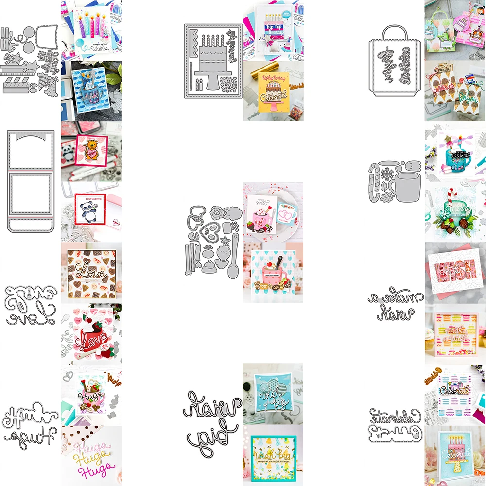 

Birthday Valentine Mug Metal Cutting Dies Set Fancy Cake Bag Mixed Die Cut Love Hugs Note Script Dies for DIY Crafting 2023