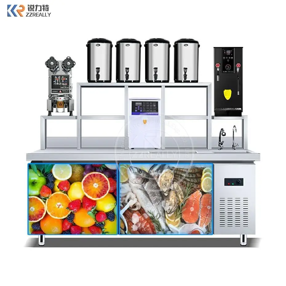 

Customized Bubble Milk Tea Equipment Refrigerated Freezer Bar Work Table Bubble Tea Table Counter