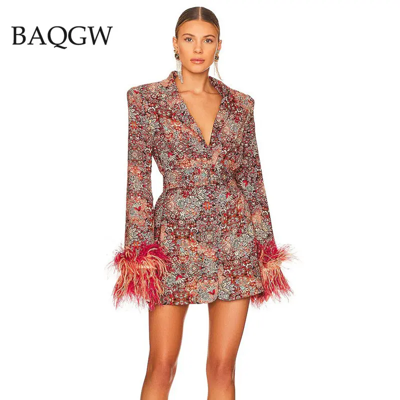 

Flower Printed Party Blazer Dress Autumn Winter Plunge V Neck Long Feather Sleeves Fashion Jacket with Belt Women Luxury Outfit