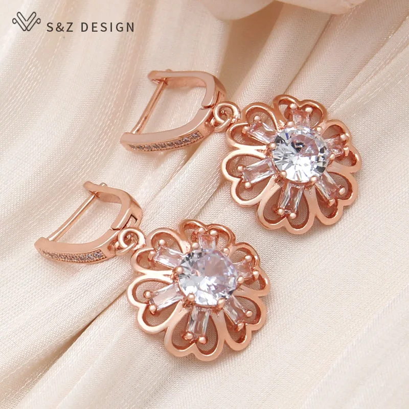 S&Z DESIGN New Fashion Round Cubic Zirconia Flowers Dangle Earrings For Women Party Jewelry 585 Rose Gold Color Eardrop Gift