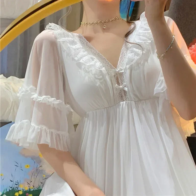 

Princess Nightdress Sleepwear Loungewear Nightgown Kawaii Chest White Fairy Pad With Lace Lolita Night Dress Women