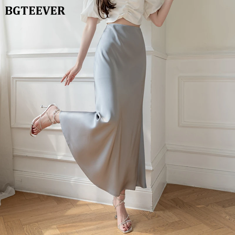 

BGTEEVER Fashion Elastic High Waist Ladies Skinny Package Hip Midi Skirts Spring Summer Elegant Slim Female Satin Mermaid Skirts