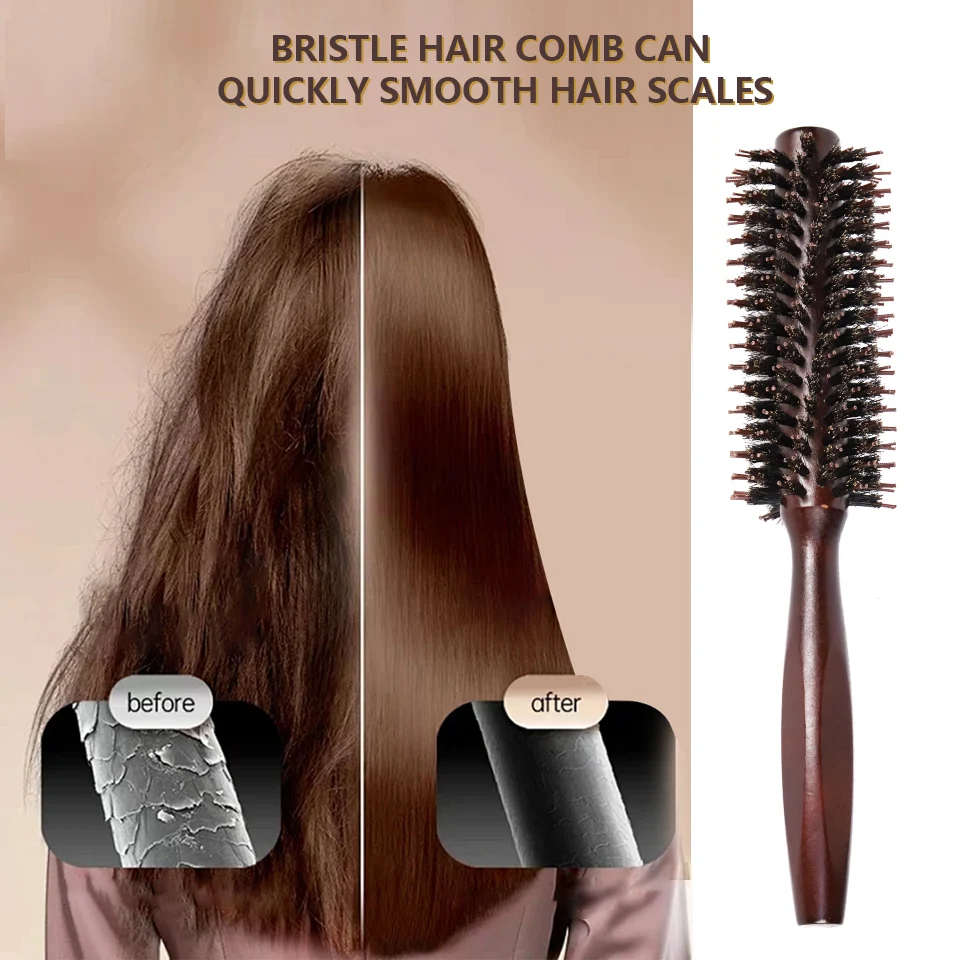 Wood Handle Round Rolling Brush Straight Twill Hair Comb Boar Bristle Round Barrel Hair Curling Brush Hairdressing Beauty Tools 6