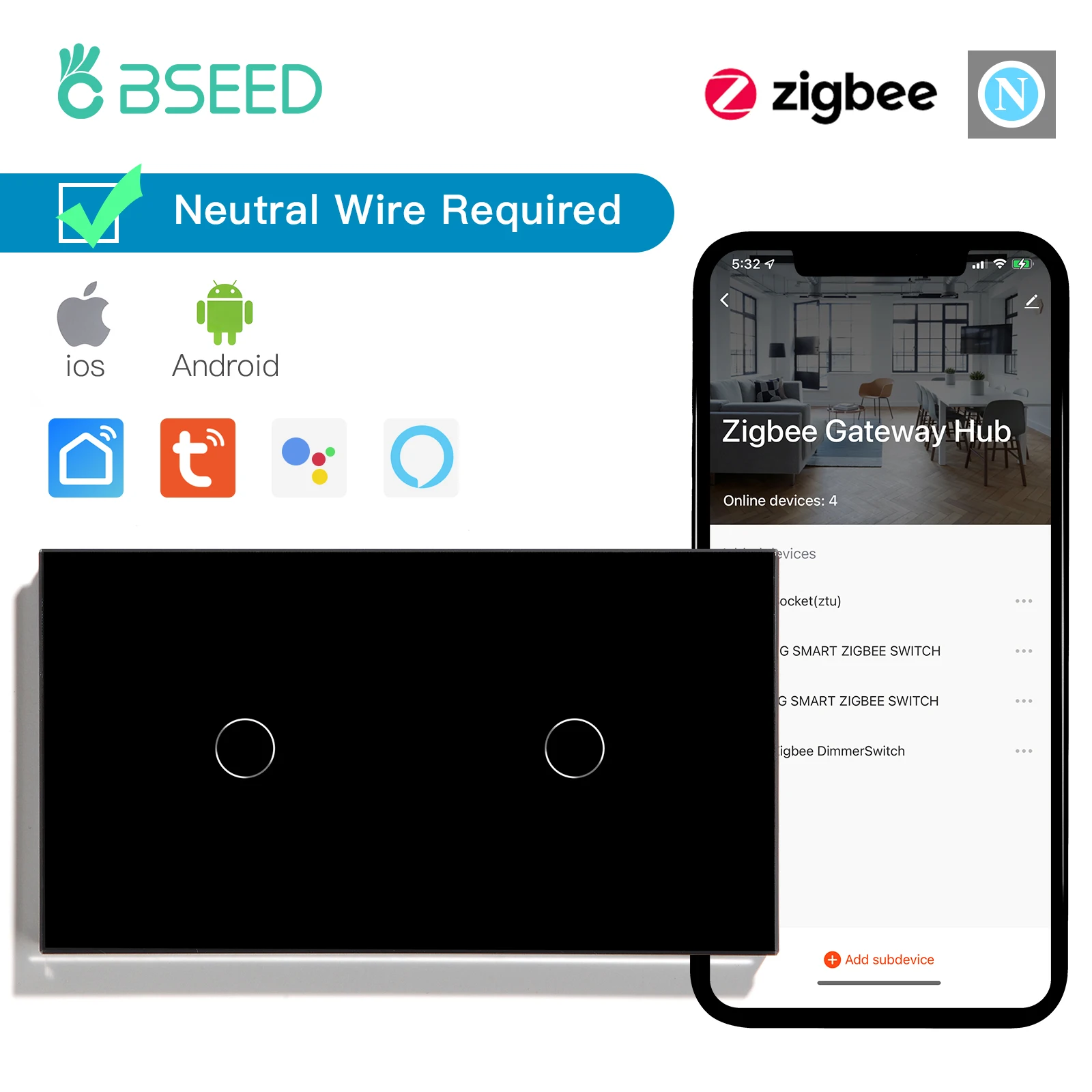 Interruptor de Luz Bseed Zigbee Touch Duplo 6gang 2way Tuya Smart Life Google Home Controle de Voz Neutro Necessário
