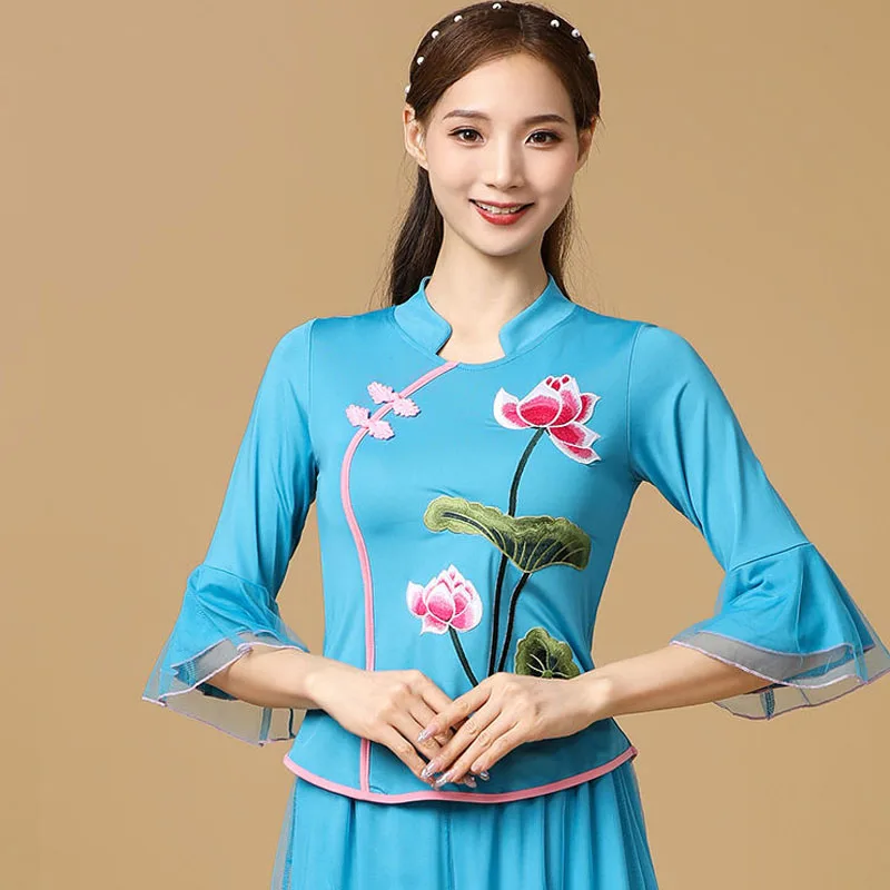 Cheongsam Women's Plus Size Short Tops Autumn Cotton Blend Mesh Splicing Embroidery Slim Chinese Style Qipao Shirts Woman