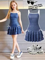 Robe camisole froncée en faux denim pour enfants filles, avec nœud et ourlet à volants, style Y2K, décontractée, pour fête d'été, mini-robe (faux denim) 1