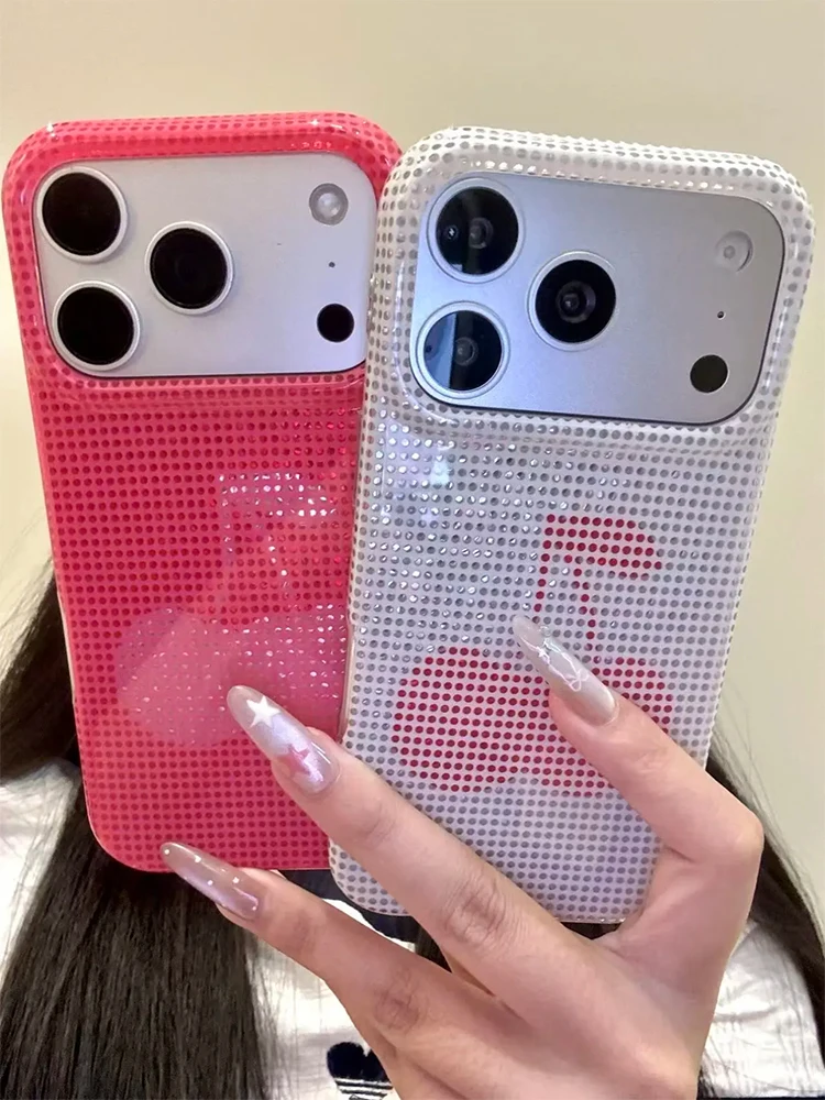 Stylish Rhinestone Cherry Glitter Phone Case - Glossy White & Hot Pink