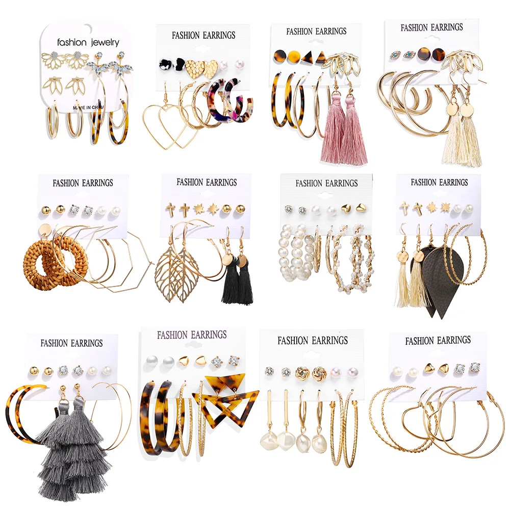 10Set/Lot Mix Bohemia Tassels Drop Earring Set For Women Acrylic Hoop Stud Earring Girls Boho Jewelry Wholesale