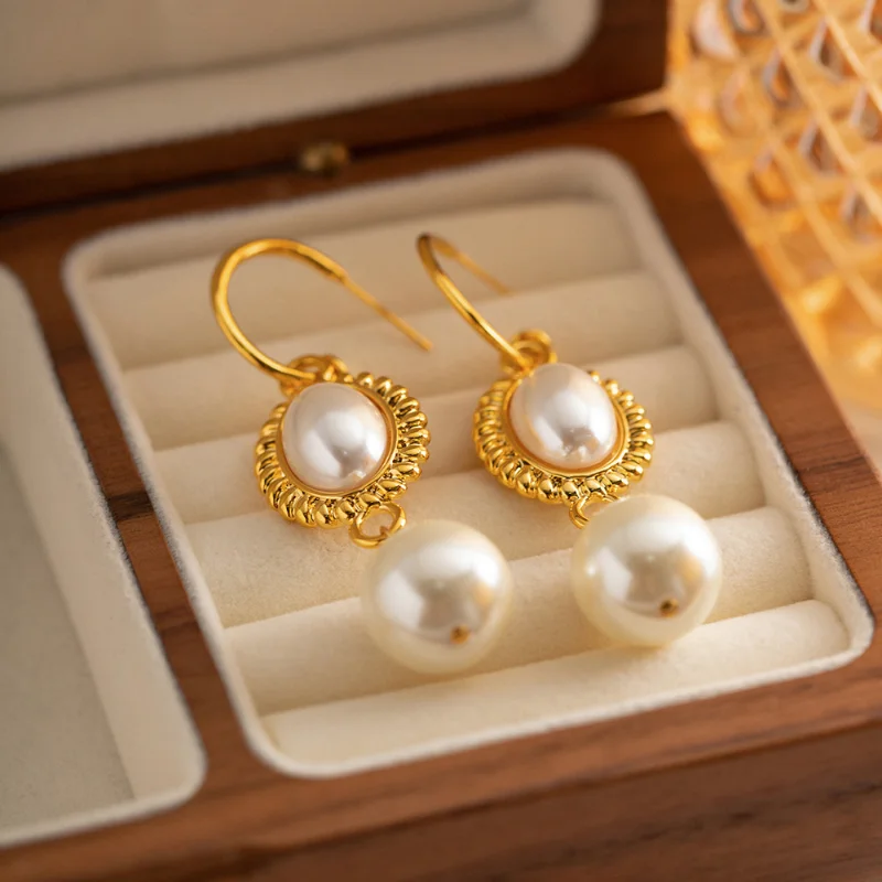 

ALLNEWME Trendy Oval Round White Shell Pearl Long Dangle Earrings 18K Real Gold Plated Brass Hook Earring for Women Oorbellen