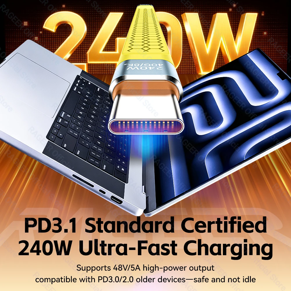 RAGEER 240W 40Gbps USB4 숏 USB C to USB C 케이블 고속 충전 타입-C to USB C 데이터 전송 8K 데이터 충전 연장 케이블
