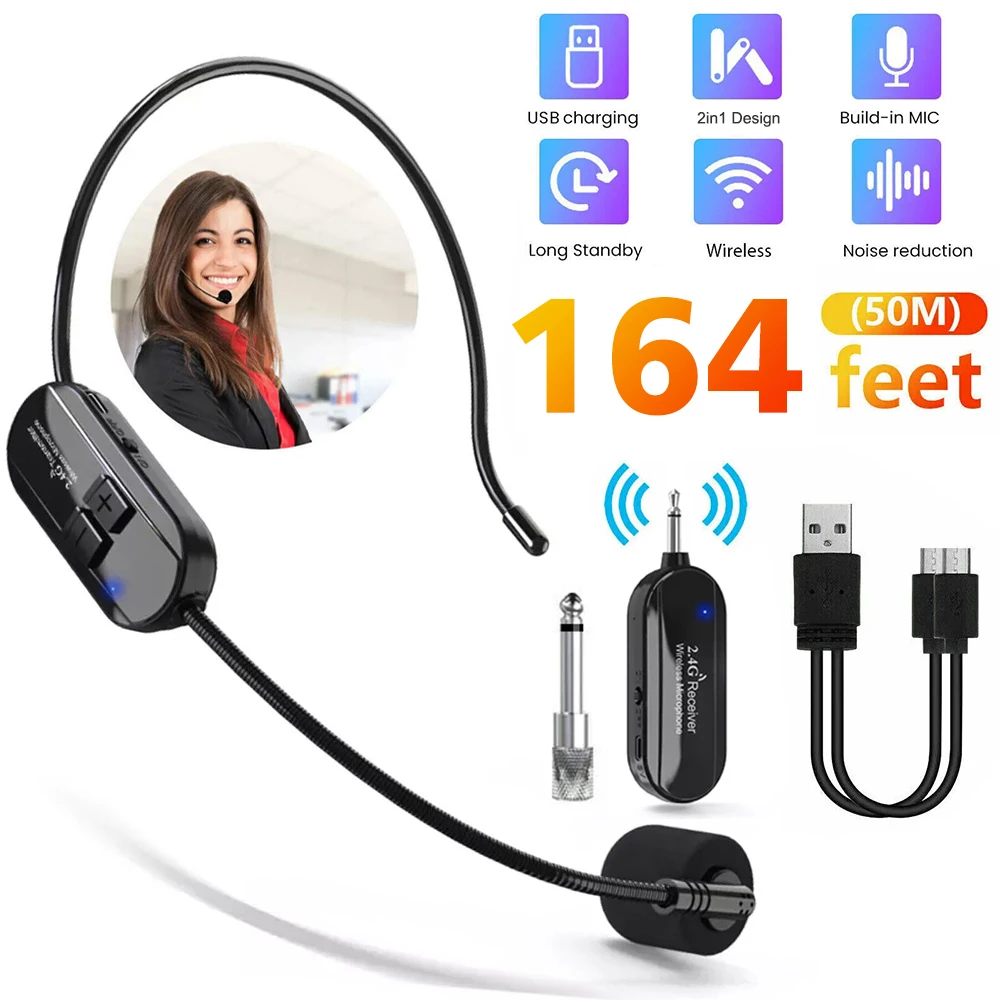 2.4G Head-mounted Wireless Lavalier Microphone Set Transmitter w/Receiver for Voice Amplifier Speaker Teaching Tour Guide Yoga