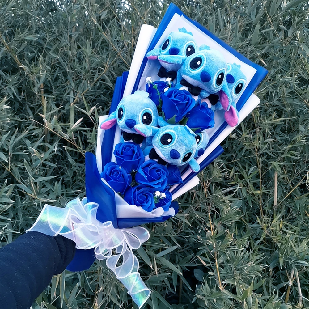 Anime Stitch Stellalou Plush With Flowers Creative Handmade Bouquet Stuffed Animals Valentine Christmas Graduation Gift 5