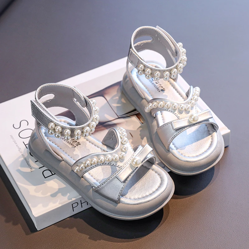 Girls Summer Sandals with Shiny Beaded Bow