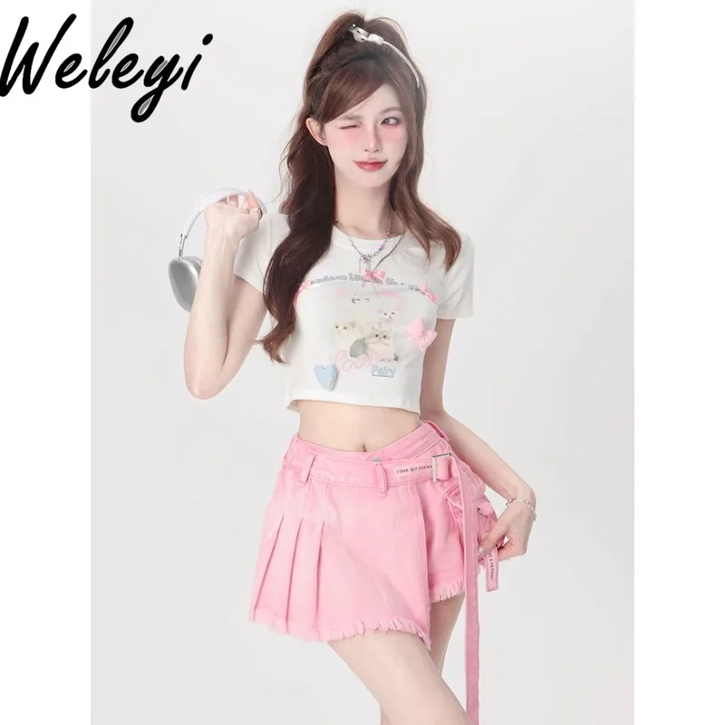 Y2k Fashionable All Match Denim Shorts Womens 2024 Spring and Summer Clothes New Sweet Pink Irregular Niche High Waist Hot Pants