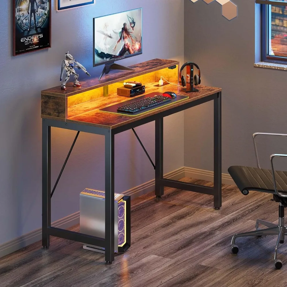 computer-desk-47-inch-with-led-lights-power-outlets-home-office-with-monitor-shelf-gaming-writing-kids-rustic-brown