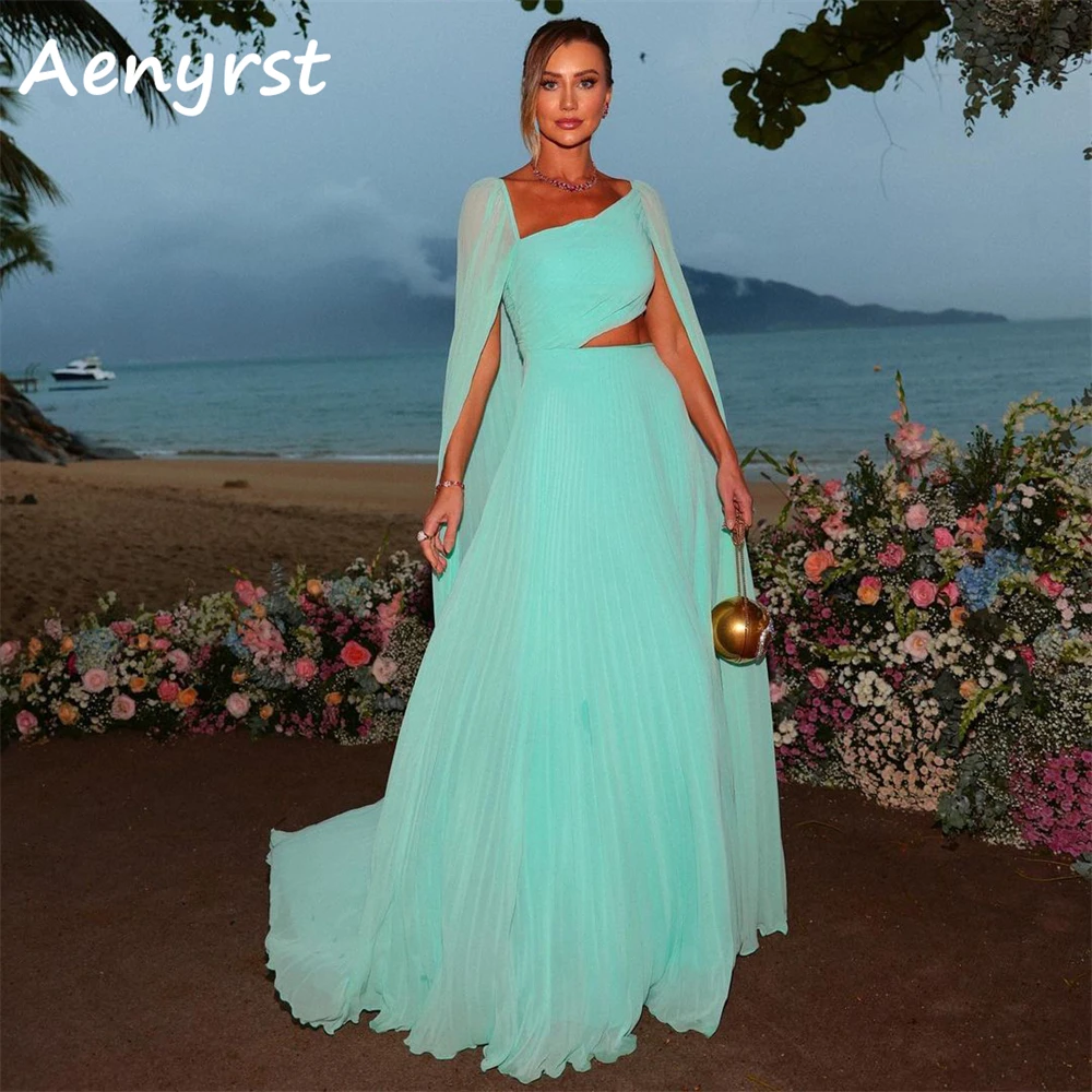 

Aenyrst Green Long Cap Sleeves Holiday Dresses Chiffon A Line Draped Evening Gowns Floor Length Dinner Party Dress Custom Made